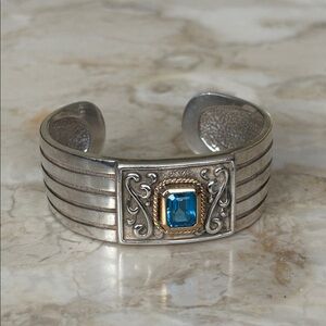 14K & Sterling Silver Wide Cuff Blue Topaz 57g